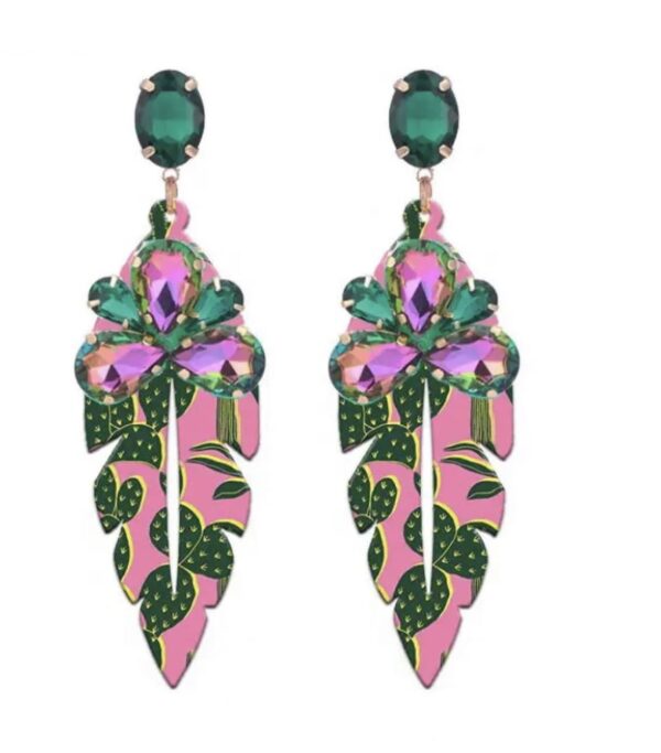 Pink & Green Leaf Shaped Drop Earrings