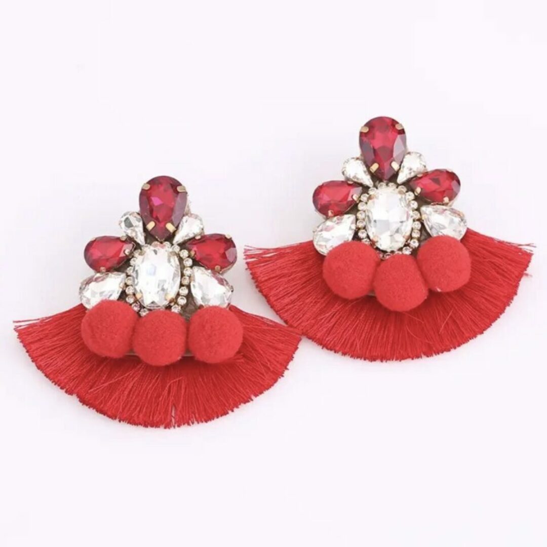 Red Bohemian Fringe Tassle Cluster Earrings